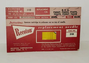 VINTAGE RECOTON RCA RECORD PLAYER REPLACEMENT NEEDLE CARD PACKAGE #310 - Picture 1 of 2