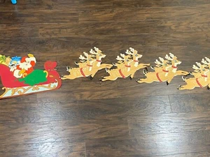 VTG Christmas Banner Santa Sleigh 8 Reindeer HandPainted Fabric Wall Decor 1960s - Picture 1 of 12