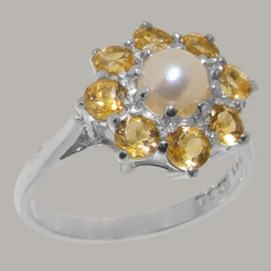 Solid 9k White Gold Full Pearl & Citrine Womens Cluster Ring - Sizes J to Z - Picture 1 of 5