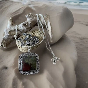 Collar Colgante Piedras Preciosas Jaspe Sangre Dragones - Chapado en Plata de Ley 925-Nuevo - Imagen 1 de 3