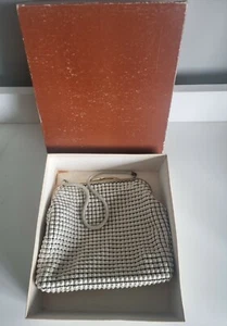 Vintage 1970's Mesh Clutch Bag, White & Gold. Blue Lining - Picture 1 of 4