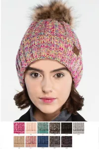ScarvesMe C.C Multi Tone Fuzzy Lining Knitted Beanie Hat with Faux Fur Pom Pom - Picture 1 of 10