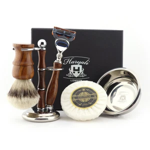 Classic 5 Pcs Wooden Shaving Set with 5 Edge Safety Razor, Badger Hair Brush Men - Picture 1 of 6