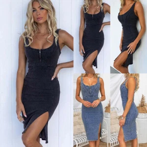 Women's Sexy Zip Up Low Cut Denim Bodycon Summer Strappy Party Split Mini Dress - Picture 1 of 22