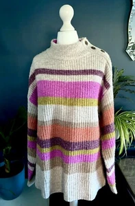 White Stuff Pink Mustard Orange Stripe Wool Blend Knit Jumper Size 16 Button - Picture 1 of 15