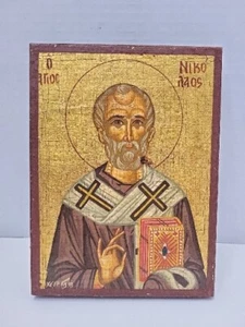 ICONA CRISTIANA RUSSA SAN NICOLA DI MIRA CROCE ORO UOVO TEMPERA DIPINTO - Foto 1 di 7