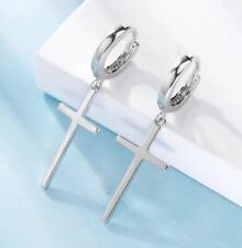 Religious Jewelry Solid Metal Womne's Cross Dangle Earing 14k White Gold Plated