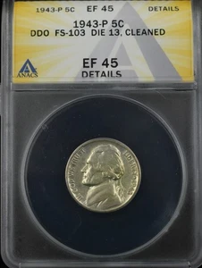 1943-P JEFFERSON NICKEL 5C ANACS XF DETAILS DOUBLED DIE OBVERSE FS-103 (97834) - Picture 1 of 3