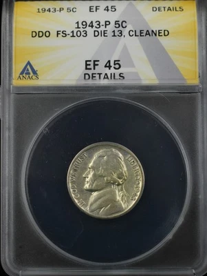 1943-P JEFFERSON NICKEL 5C ANACS XF DETAILS DOUBLED DIE OBVERSE FS-103 (97834) - Image 1 of 3