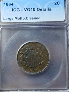 Lema grande 1864 2 centavos pieza ICG VG10 detalles - Imagen 1 de 4