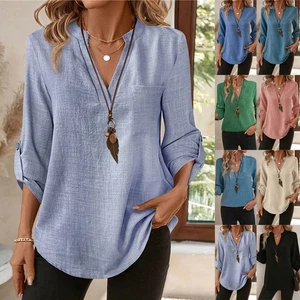 Womens Casual Raglan Sleeve T-shirt V neck Tunic Pullover Blouse Tops Solid Work - Picture 1 of 18