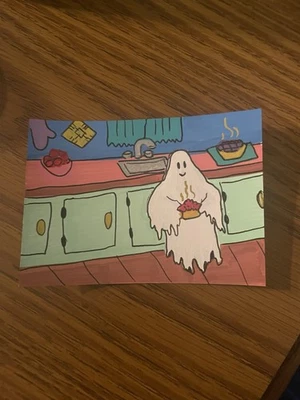 Aceo Original ATC Acrylic Marker 2.5 X 3.5" Cute Ghost Late Night Cooking - Image 1 of 2