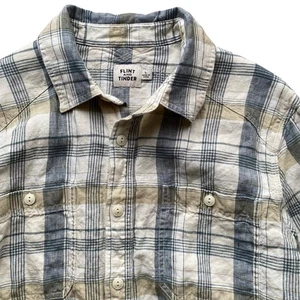 Flint Tinder Linen Button Up Shirt Plaid Western Blue Beige Mens L Long Sleeve - Picture 1 of 9