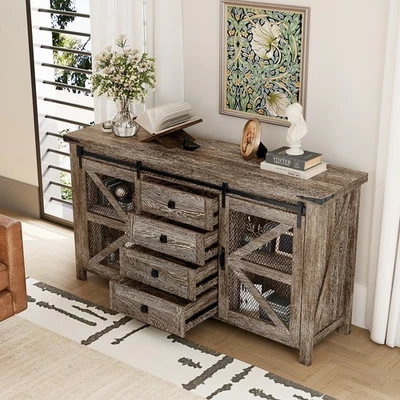 Sideboard Buffet Cabinet with 4 Drawers & 2 Mesh Doors TV Cabinet Coffee Bar NEW - Image 1 of 4