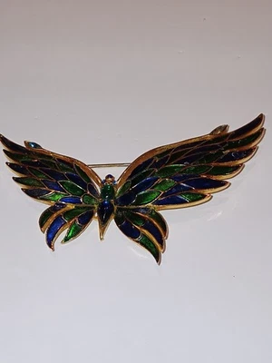 Vintage Crown Trifari Enamel Cabochon Butterfly Pin 3 1/2" - Image 1 of 4