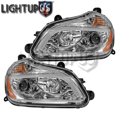 Left Right Sides Pair Chrome Headlights w/ LED Bar for 2013-2018 KENWORTH T-680 - Image 1 of 3