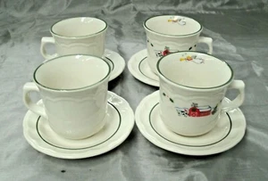Pfaltzgraff Christmas SNOW VILLAGE 4 Tea Coffee Cup & Saucer Sets Snowman EC - Picture 1 of 5