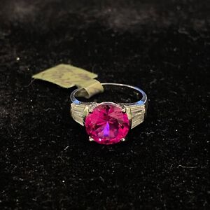 14K Solid White Gold Simulated Pink Sapphire Ring Round Cut Baguette Diamond