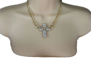 Women Short Necklace Gold Metal Chains Big Cross Pendant Fashion Jewelry Earring - Picture 1 of 12
