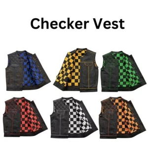 Men's Leather Vest - Checker & Paisley Lining Concealed Leather Waistcoat - Picture 1 of 23