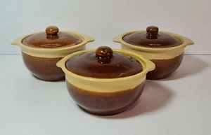 3 Vintage Covered Casserole Dish French Onion Stoneware Soup Bowl Crock Pottery - Picture 1 of 12