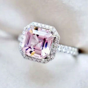 2CT Asscher Cut Simulated Stone Engagement Wedding Ring 14K Solid White Gold - Picture 1 of 8