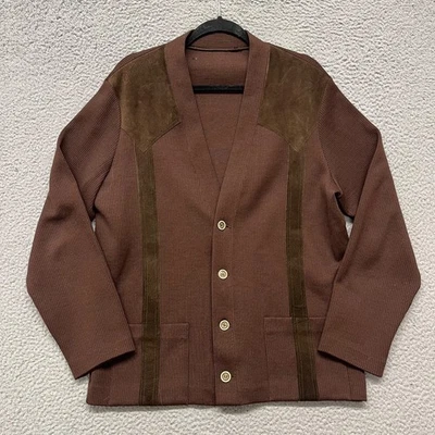 Винтажный свитер мужской L коричневый замшевый кожаный вязаный кардиган ретро дедушка классический - Изображение 1 из 4