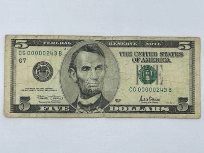 $5 Federal Reserve Note, LOW SERIAL #, CG00000243B  Good   G31.16 - Image 1 of 4