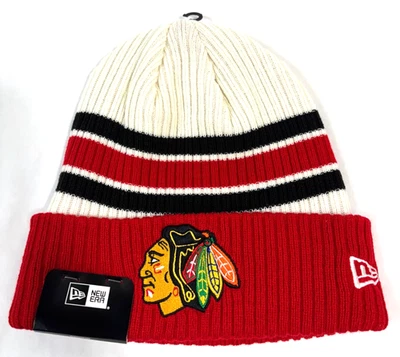 Chicago Blackhawks NHL NE Vintage Sombrero Tejido con Puños ~ Crema/Rojo/Negro Foto 1 de 3