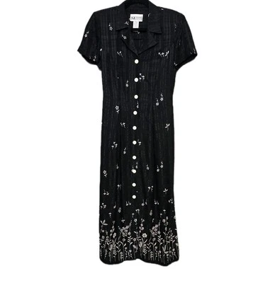 Vestido negro vintage SL Fashions 8P largo con botones delanteros blanco floral tradwife Foto 1 de 4