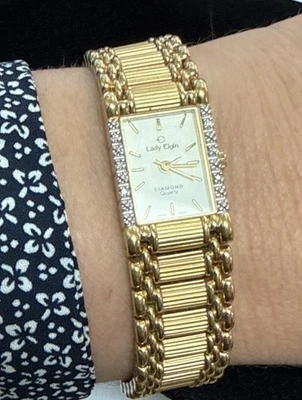 "Reloj de cuarzo Lady Elgin oro diamante 7"" pulsera estilo columna batería nueva en muy buena condición" Foto 1 de 4