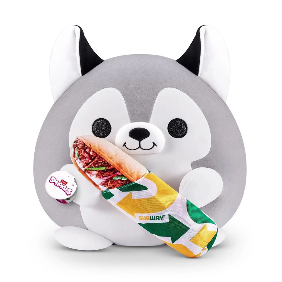 ZURU Snackles Husky mit Subway-Baguette in Grau, Serie 1 - Squish-Kuscheltier (35 cm)