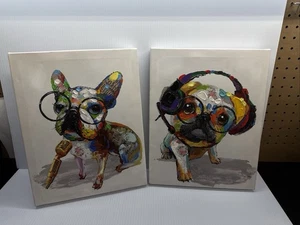2 Paintings Art Bull Dog With Headphones & Dog Microphone & Glasses Canvas - Picture 1 of 11