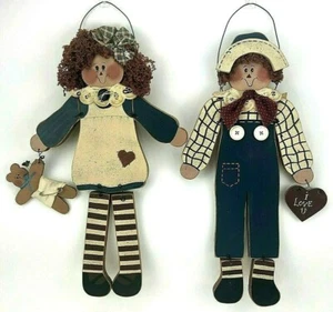 VTG Primitive Americana Raggedy Ann & Andy Wooden Figures Folk Art Wall Hanging - Picture 1 of 10