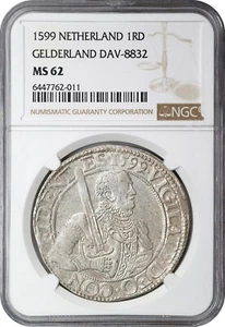 NETHERLANDS Gelderland Prinsen Rijksdaalder 1599 KM# 8 NGC MS-62 POP=1/0! - Picture 1 of 3