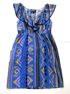 Yumi Kim 100% Silk Blue Yellow Aztec Cap Sleeve Pocket Sheath Tunic Dress Small - Picture 1 of 8