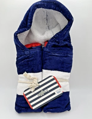 Pottery Barn Baby Shark Stripe Baby Wrap Beach Hooded Towel Navy White Red NEW - Image 1 of 4