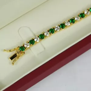 9ct Round 4mm Lab Created Diamond Emerald Tennis Bracelet 14K Yellow Gold Plated - Picture 1 of 7