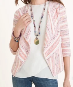 Chico’s Cardigan Sweater Drape-Front Striped Tweed Jacket Sz 2 (L/12) - Picture 1 of 11
