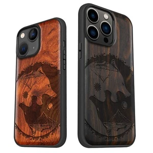 Custodia magnetica in legno per iPhone 12 13 14 15 16 Pro Max Plus MagSafe Cover Wolf - Foto 1 di 13