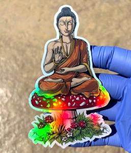 Mushroom Buddha Holographic Sticker Waterproof Vinyl Psychedelic Weed Art Decal - Picture 1 of 2