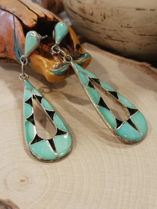 Vintage Native American Inlaid Turquoise Teardrop Sterling Earrings - Picture 1 of 8