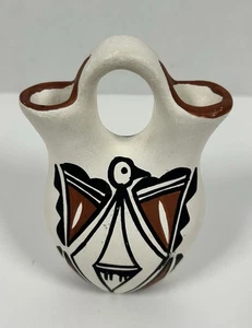 Vtg Acoma Pueblo New Mexico Clay Pottery Signed Wedding Vase Jug Painted Bird - Picture 1 of 8