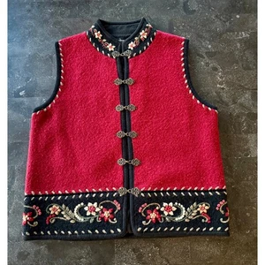 Vintage Icelandic Design Women's L Red Lined Wool Vest Embroidered Floral Boho - Picture 1 of 11