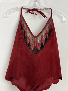Cripple Creek Red Leather Halter Top with Bead Fringe Women's XL - Picture 1 of 5
