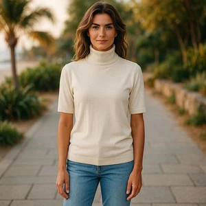 * LIZ CLAIBORNE White Short Sleeve Turtleneck Pullover Top Ladies Large - Picture 1 of 4