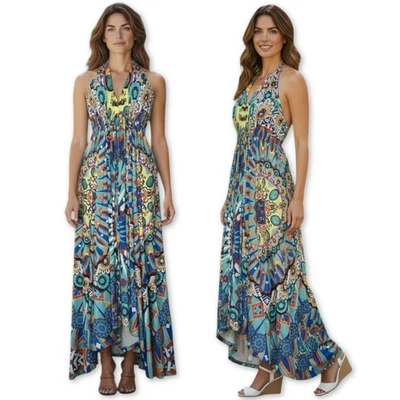 Maxi Vestido Halter Hada Estrás Alto Bajo Colorido Bohemio Sin Mangas Fluido Foto 1 de 4