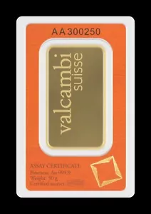 Goldbarren 50 Gramm / 999,9 Gold „Valcambi“ in Blisterkarte, zertifiziert - Bild 1 von 4