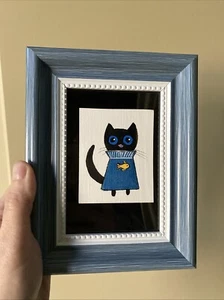 Schwarze Katze, lustig, süß, Original Acrylgemälde auf Papier, 5/7, gerahmt - Bild 1 von 6