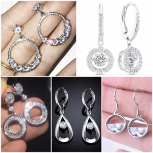 925 Silver Filled Women Charm Drop Earring Gift Cubic Zircon Party Jewelry - Picture 1 of 22
